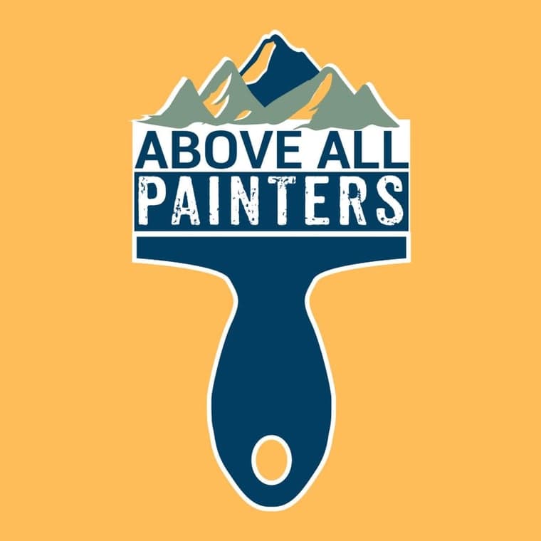 This is an image from Above All Painters, located in Georgia. The logo for Above All Painters features mountain graphics above bold blue and white text with a paintbrush-shaped design."