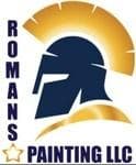 This is an image from Roman's Painting LLC, located in Arizona. The logo for Roman's Painting LLC features a gold Spartan warrior helmet centered between bold navy blue text reading 'ROMANS' above and 'PAINTING LLC' below, accented by a small star