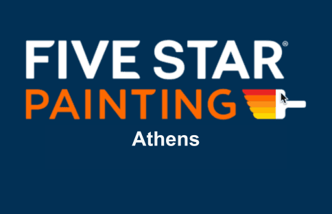This is an image from Five Star Painting Athens, located in Georgia. The logo for Five Star Painting Athens features white and orange text on a dark blue background with a paint roller graphic in a yellow-to-orange gradient.