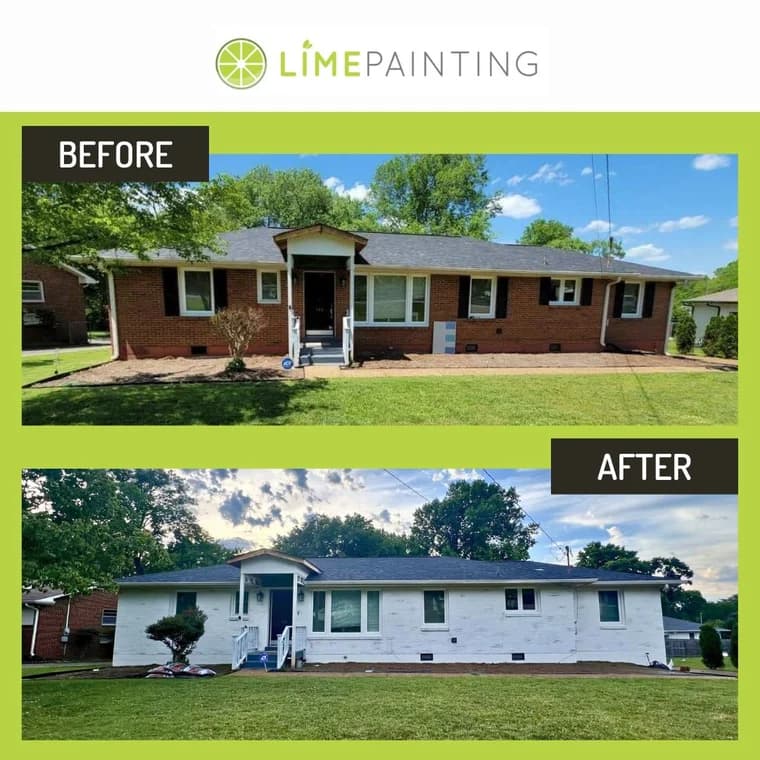 This is an image from LIME Painting of Chicago company, located inChicago, IL The image is a before and after exterior brick painting of a ranch-style home, updated from red brick to white by LIME Painting