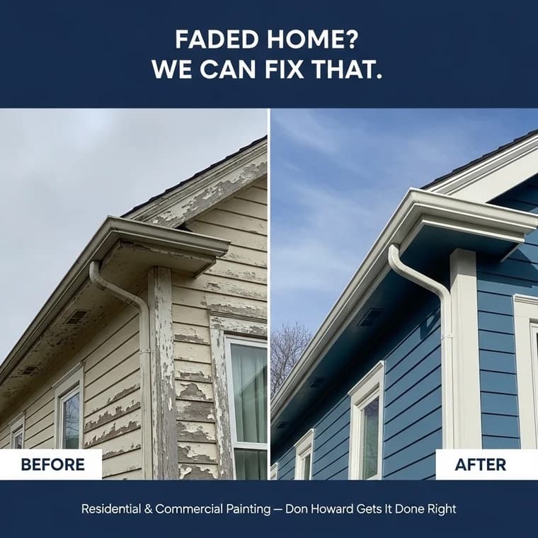 This is an image from Don Howard Painting, located in Ohio. The exterior home comparison shows peeling beige siding restored with smooth blue siding and crisp white trim.