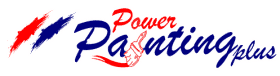 This is the logo of Power Painting Plus. The design features bold red and blue brushstroke accents with the company name in stylized lettering, emphasizing their professional painting services.