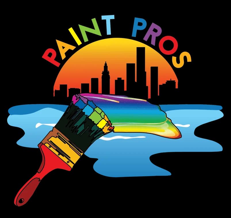 This is an image from Paint Pros USA, located in Florida. The logo for Paint Pros USA features colorful text above a city skyline with a paintbrush spreading a rainbow design across the state of Florida.
