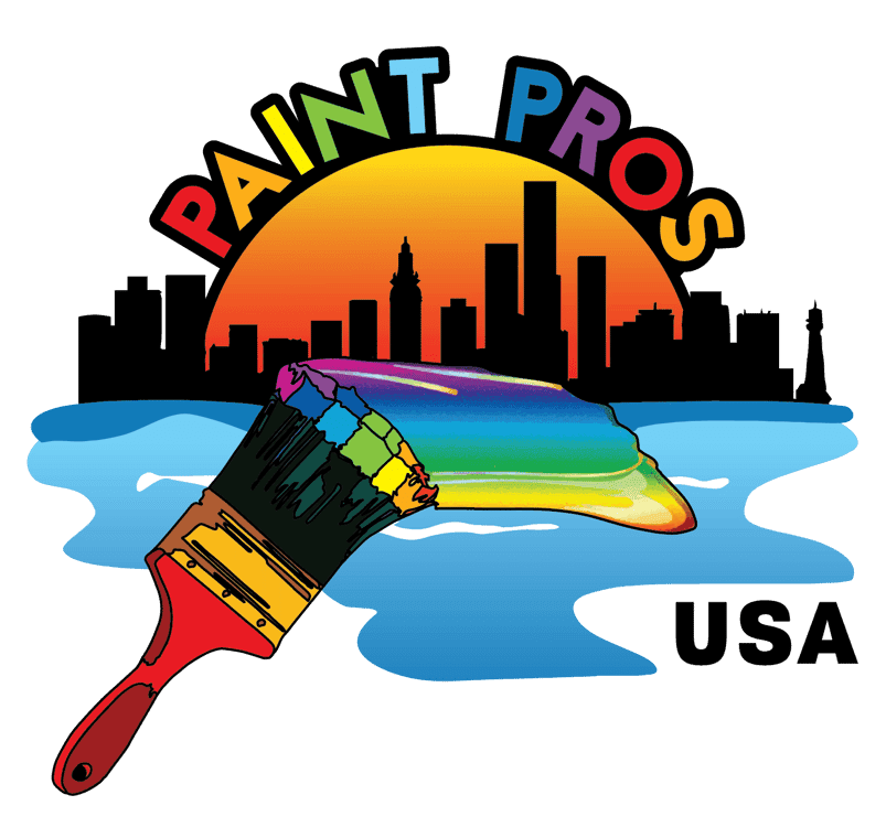 This is an image from Paint Pros USA, located in Florida. The logo for Paint Pros USA features colorful text above a city skyline with a paintbrush spreading a rainbow design across the state of Florida.