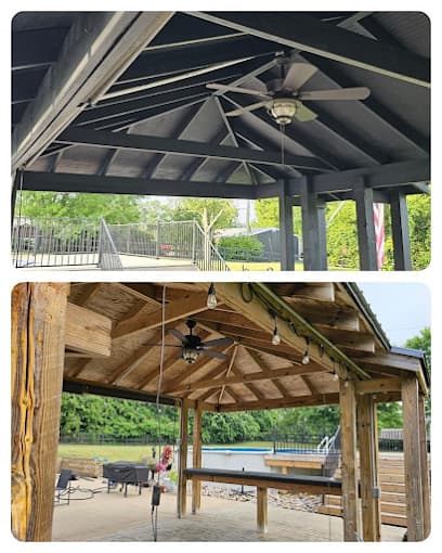This is an image from Hearts & Hands Painting, located in Kentucky. The image shows a freshly painted outdoor pavilion and covered deck structure with exposed beams, ceiling fans, and a clean stained wood finish.