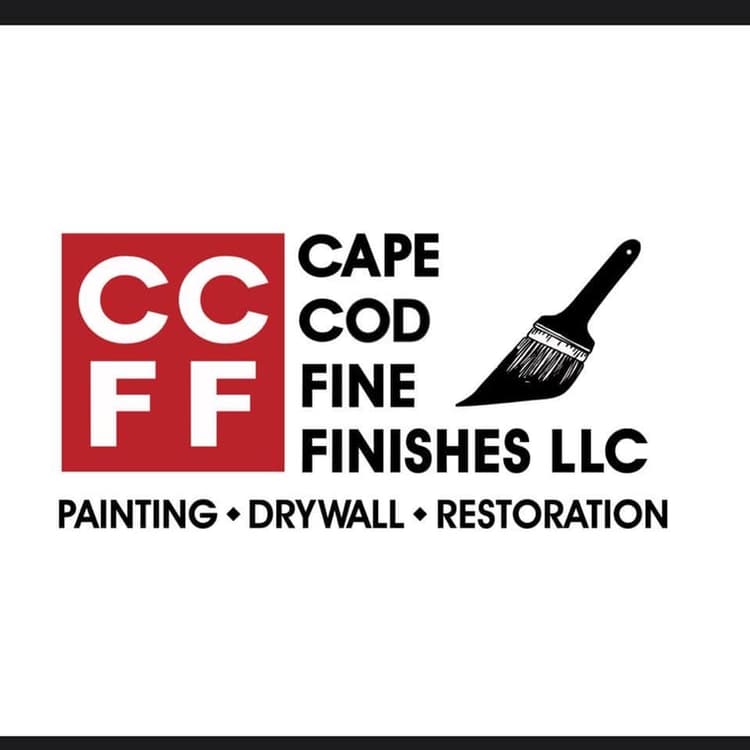 Logo of Cape Cod Fine Finishes LLC, a painting, drywall, and restoration company. The design features bold red and black text with a paintbrush graphic, emphasizing their expertise in fine finishes.