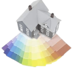 This is an image from All in the Family Painting company, located in Brookhaven, PA. The image is an All in the Family Painting logo featuring a gray house model sitting on top of a fan of paint color swatches arranged in a rainbow spectrum. 