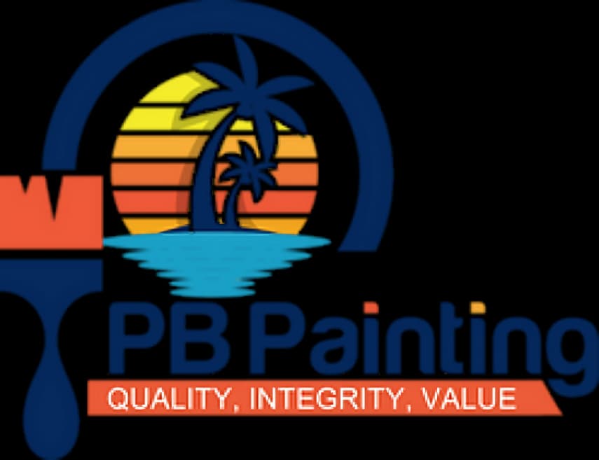 This is an image from PB Painting, located in California. The logo for PB Painting features a palm tree and sunset graphic in blue, yellow, and orange tones with bold lettering and the tagline “Quality, Integrity, Value,” representing a coastal-inspired professional painting brand.
