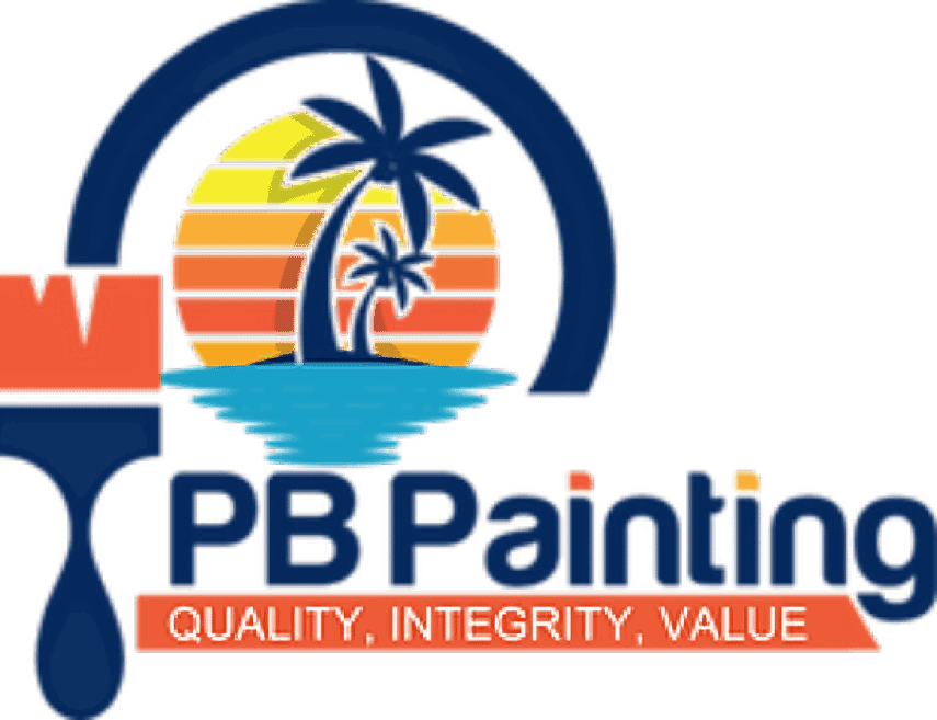 This is an image from PB Painting, located in California. The logo for PB Painting features a palm tree and sunset graphic in blue, yellow, and orange tones with bold lettering and the tagline “Quality, Integrity, Value,” representing a coastal-inspired professional painting brand.
