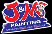 This is an image from J&M Painting Services, located in Arizona. The logo for J&M Painting Services features bold red and yellow 'J&M Painting' text with a cartoon painter mascot holding a paint roller and the tagline 'We take the PAIN out of PAINting!