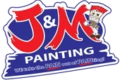 This is an image from J&M Painting Services, located in Arizona. The logo for J&M Painting Services features bold red and yellow 'J&M Painting' text with a cartoon painter mascot holding a paint roller and the tagline 'We take the PAIN out of PAINting!