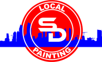 This is an image from Local San Diego Painting, located in California. The logo for Local San Diego Painting features a bold circular red emblem with stylized lettering and city skyline elements representing the local painting company.