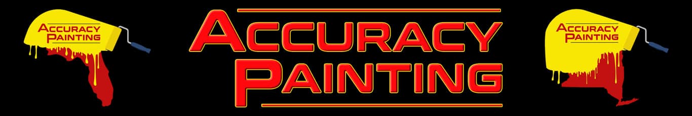 This is an image from Accuracy Painting, located in New York. The logo for Accuracy Painting features bold red lettering on a black background with yellow paint graphics shaped like New York State.