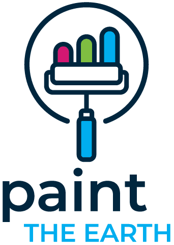 This is an image from Paint the Earth, located in Missouri. The logo for Paint the Earth features a colorful paint roller icon with pink, green, and blue bristles inside a circular outline, with 'paint' in light blue lowercase text and 'THE EARTH' in dark navy uppercase text below.