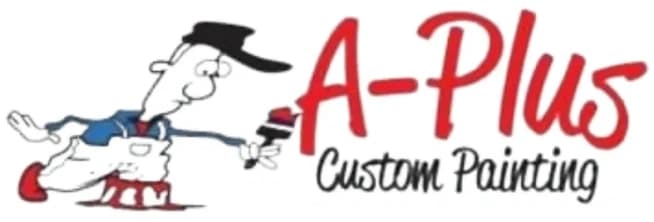 This is an image from A-Plus Custom Painting, located in California. The logo for A-Plus Custom Painting features red and black text with a cartoon painter holding a paintbrush.