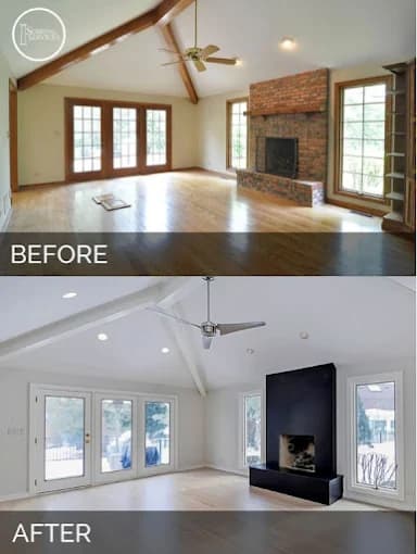 This is an image from Fresh Look Painting company, located in Sarasota, FL. The image is a before and after transformation of a living room with exposed beams and brick fireplace, repainted to a modern white interior with a sleek black fireplace feature by Fresh Look Painting LLC