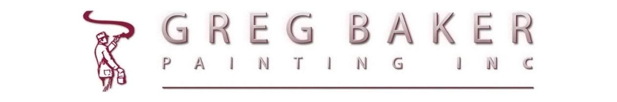 This is an image from Greg Baker Painting. The image is the Greg Baker Painting Inc logo featuring a painter holding a sprayer next to stylized maroon text.