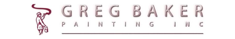This is an image from Greg Baker Painting. The image is the Greg Baker Painting Inc logo featuring a painter holding a sprayer next to stylized maroon text.