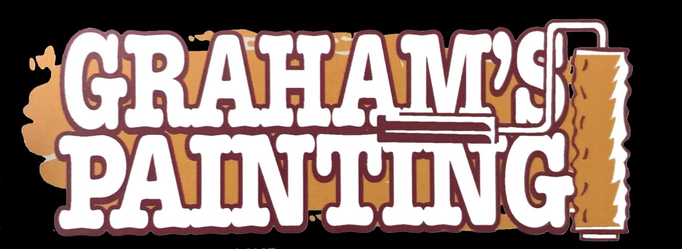 This is an image from Graham's Painting company, located in Du Quoin, IL The image is a Graham's Painting logo with bold white and maroon text over a brown paint roller stroke, featuring a paint roller illustration