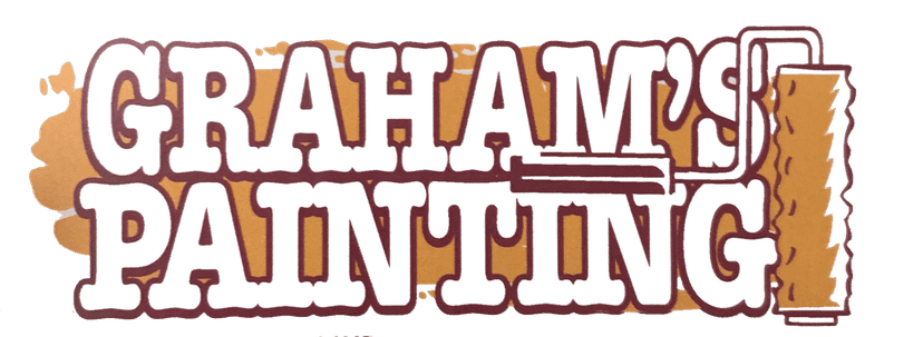 This is an image from Graham's Painting company, located in Du Quoin, IL The image is a Graham's Painting logo with bold white and maroon text over a brown paint roller stroke, featuring a paint roller illustration