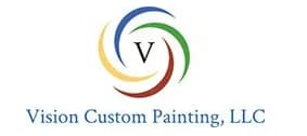 This is an image from Vision Custom Painting, located in Pennsylvania. The logo for Vision Custom Painting features a centered letter V surrounded by curved blue, yellow, and green circular brushstroke graphics.