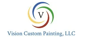 This is an image from Vision Custom Painting, located in Pennsylvania. The logo for Vision Custom Painting features a centered letter V surrounded by curved blue, yellow, and green circular brushstroke graphics.