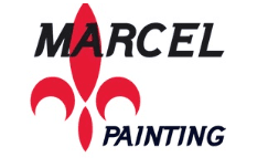 This is an image from Marcel Painting, located in Arizona. The logo for Marcel Painting features bold black text with a red fleur-de-lis symbol in the center, representing the painting company's classic and refined brand identity.