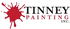This is an image from Tinney Painting Inc., located in North Carolina. The logo for Tinney Painting Inc. features bold black text with a large red paint splash graphic behind the word 'Tinney,' representing a professional painting company.