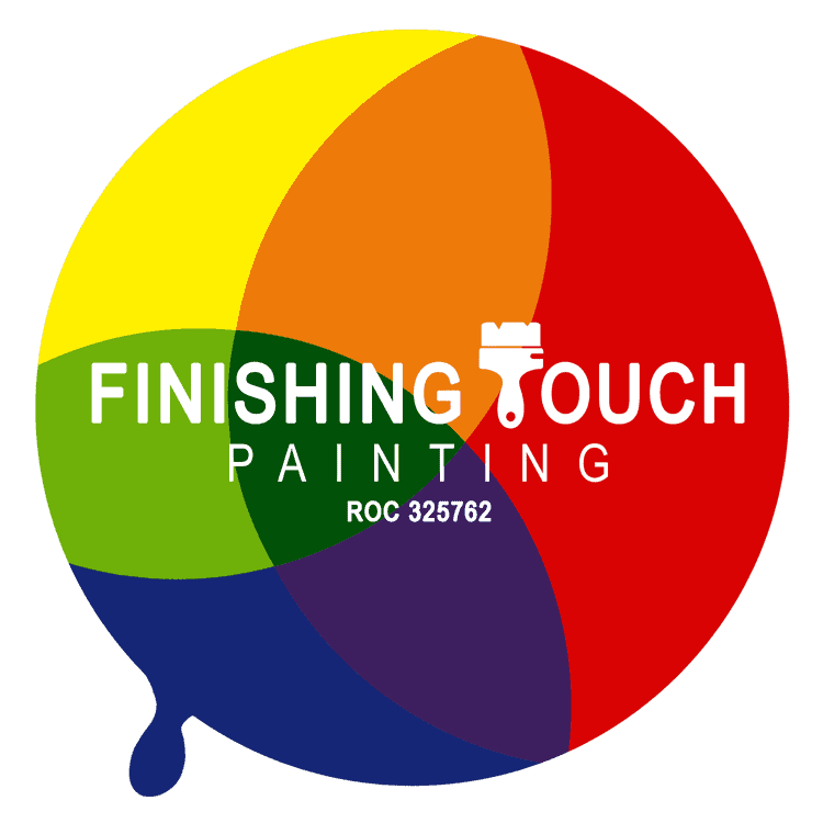 This is an image from Finishing Touch Painting, located in Arizona. The logo for Finishing Touch Painting features a circular paint drop design filled with overlapping yellow, orange, red, green, blue, and purple sections, with bold white text and a paintbrush icon in the center above the ROC 325762 license number.