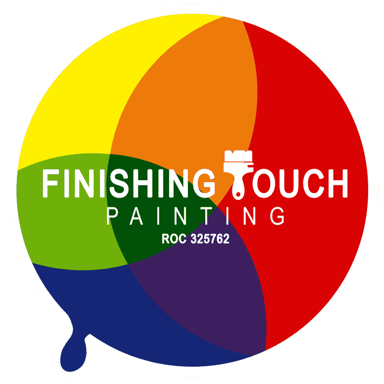 This is an image from Finishing Touch Painting, located in Arizona. The logo for Finishing Touch Painting features a circular paint drop design filled with overlapping yellow, orange, red, green, blue, and purple sections, with bold white text and a paintbrush icon in the center above the ROC 325762 license number.