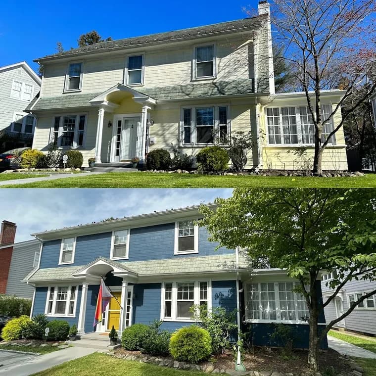 This is an image from Certified Painting, located in New York. The before-and-after exterior photo shows a two-story home transformed from faded yellow siding to a deep blue exterior with refreshed white trim and a yellow front door.
