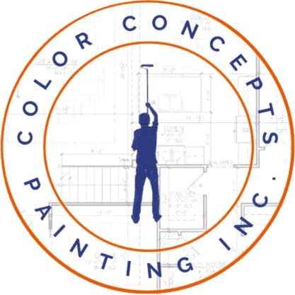 This is an image from Color Concepts Painting Inc, located in Illinois. The logo for Color Concepts Painting Inc features a circular design with a painter silhouette, blue lettering, orange outline, and blueprint-style background.