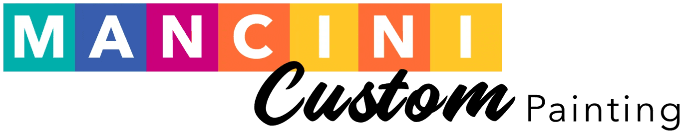 This is an image from Mancini Custom Painting, located in Oklahoma. The logo for Mancini Custom Painting features the word 'MANCINI' in bold white letters set against colorful square blocks, followed by 'Custom Painting' in elegant black script.