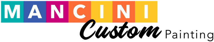 This is an image from Mancini Custom Painting, located in Oklahoma. The logo for Mancini Custom Painting features the word 'MANCINI' in bold white letters set against colorful square blocks, followed by 'Custom Painting' in elegant black script.