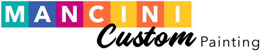 This is an image from Mancini Custom Painting, located in Oklahoma. The logo for Mancini Custom Painting features the word 'MANCINI' in bold white letters set against colorful square blocks, followed by 'Custom Painting' in elegant black script.