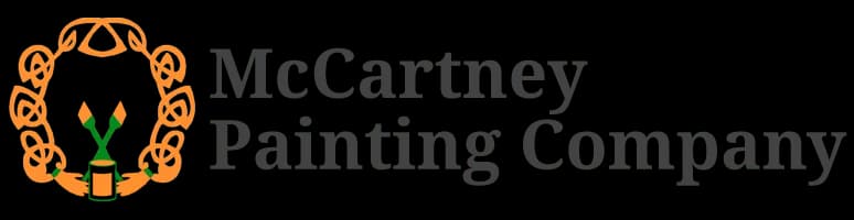 This is an image from McCartney Painting, located in California. The logo for McCartney Painting Company features a decorative emblem with paintbrushes and a paint can icon paired with clean, professional typography in green and orange tones.