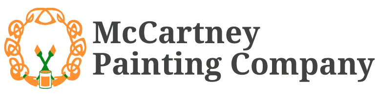 This is an image from McCartney Painting, located in California. The logo for McCartney Painting Company features a decorative emblem with paintbrushes and a paint can icon paired with clean, professional typography in green and orange tones.