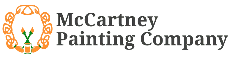 This is an image from McCartney Painting, located in California. The logo for McCartney Painting Company features a decorative emblem with paintbrushes and a paint can icon paired with clean, professional typography in green and orange tones.