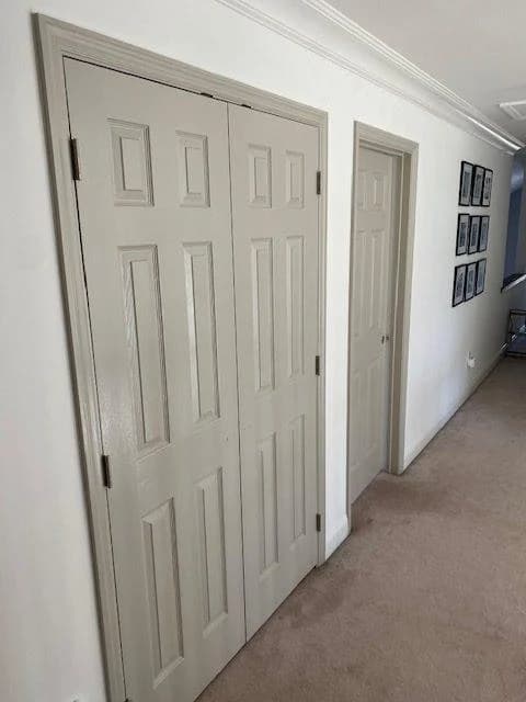 This is an image from Pizzazz Painting, featuring a hallway with light beige double closet doors and white walls, complemented by a carpeted floor and framed photos on the wall.