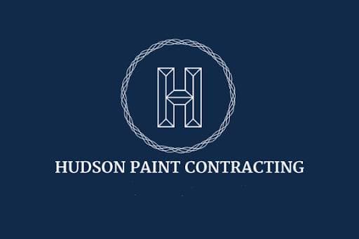 Logo of Hudson Paint Contracting, featuring a stylized letter "H" inside a decorative circle with the company name written below on a navy blue background.