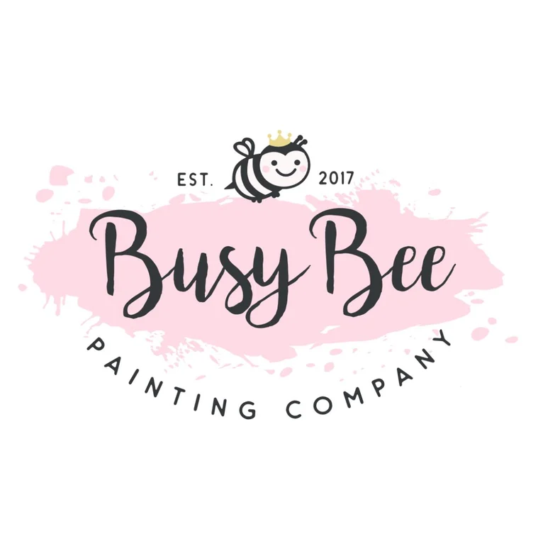 This is an image from Busy Bee Painting Company, located in New York. The logo for Busy Bee Painting Company features a smiling bee with a small crown above a pink paint splash background and elegant script lettering.