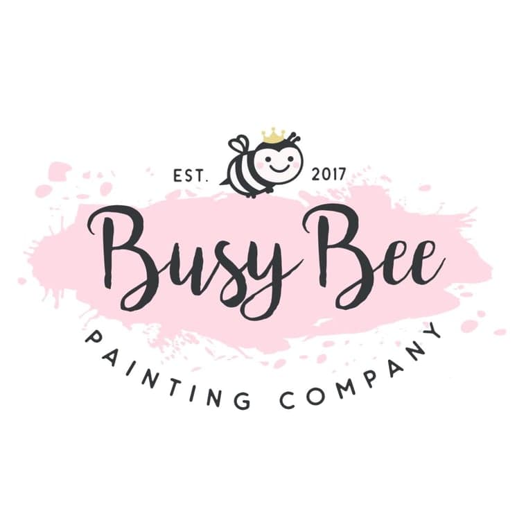 This is an image from Busy Bee Painting Company, located in New York. The logo for Busy Bee Painting Company features a smiling bee with a small crown above a pink paint splash background and elegant script lettering.