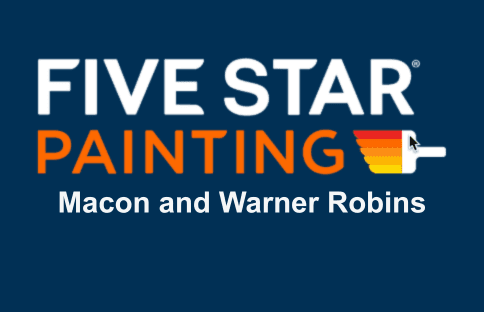This is an image from Five Star Painting of Macon and Warner Robins, located in Georgia. The logo for Five Star Painting features bold white and orange text on a dark navy blue background with an orange and red paintbrush graphic representing the painting company.