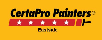 This is an image from CertaPro Painters Eastside, located in Washington. The logo for CertaPro Painters Eastside features bold black text on a yellow background with a red banner of five white stars and a paint roller graphic representing the painting company.