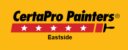 This is an image from CertaPro Painters Eastside, located in Washington. The logo for CertaPro Painters Eastside features bold black text on a yellow background with a red banner of five white stars and a paint roller graphic representing the painting company.