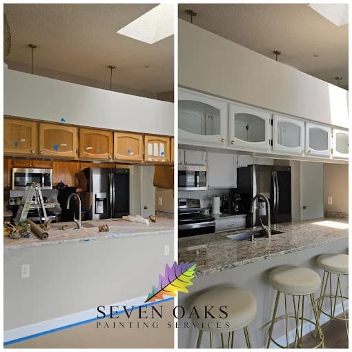 This is an image from Seven Oaks Painting Services, located in Ohio. The before-and-after comparison shows wood cabinets refinished to a clean white finish in a contemporary kitchen.