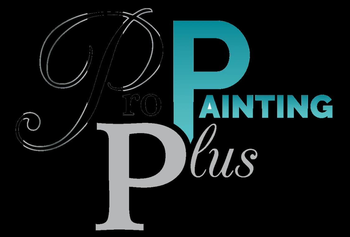 This is an image from Pro Painting Plus, located in New York. The logo for Pro Painting Plus features a stylized combination of elegant script and bold modern lettering with large overlapping 'P' characters in black, gray, and teal.
