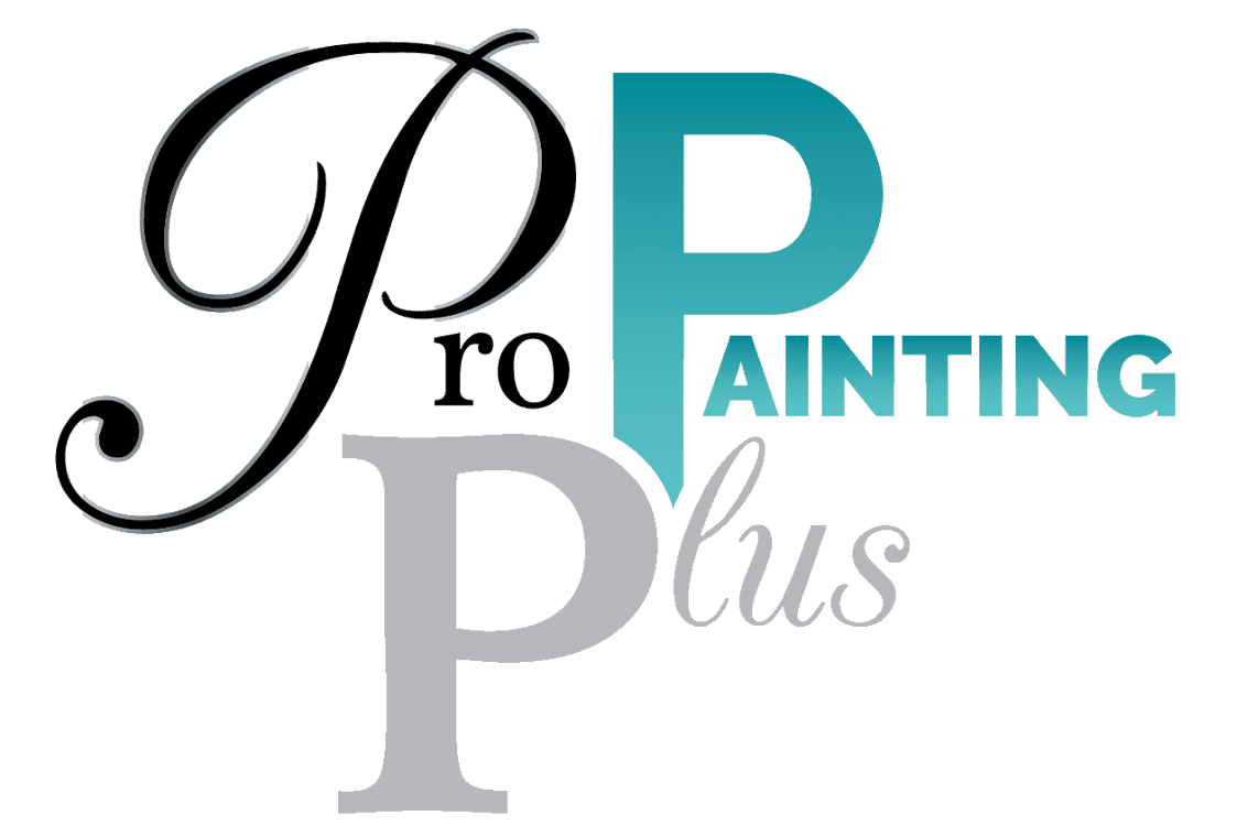 This is an image from Pro Painting Plus, located in New York. The logo for Pro Painting Plus features a stylized combination of elegant script and bold modern lettering with large overlapping 'P' characters in black, gray, and teal.