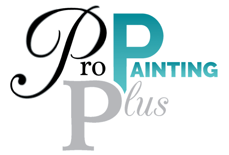 This is an image from Pro Painting Plus, located in New York. The logo for Pro Painting Plus features a stylized combination of elegant script and bold modern lettering with large overlapping 'P' characters in black, gray, and teal.