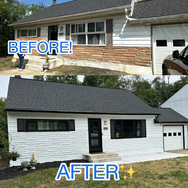 Before and after comparison of a home exterior repainted from a mix of stone and siding to a clean white finish with black trim.